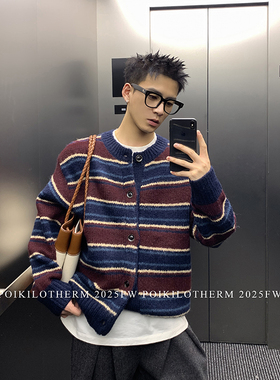 PLTH*美式复古学院风圆领撞色条纹针织开衫男冬季羊毛毛衣外套潮