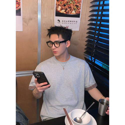 PLTH*夏季美式复古假两件格纹袖口短袖T恤男宽松潮牌百搭休闲上衣
