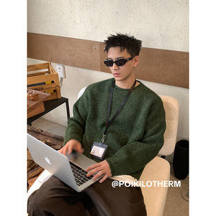 PLTH 纯色圆领卷边毛衣男秋冬宽松慵懒小众高级感百搭针织羊毛衫