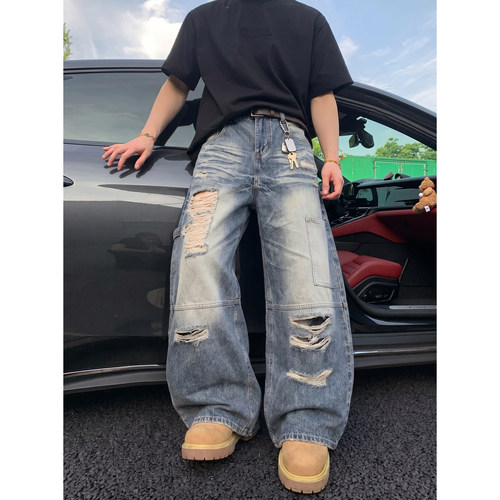 PLTH*废土风水洗破洞牛仔裤男美式复古做旧宽松阔腿工装直筒裤潮