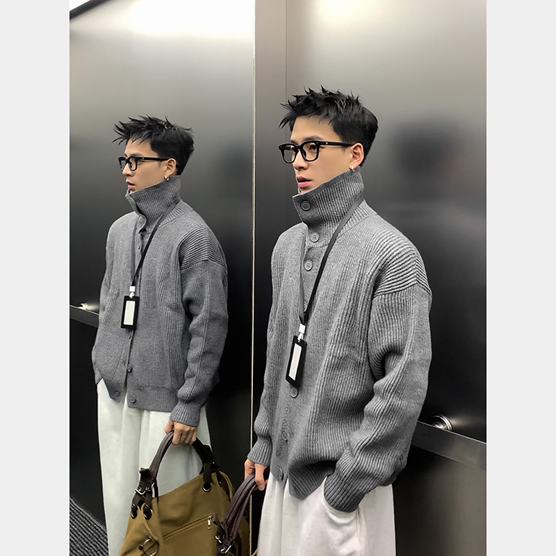 PLTH*美式小众海军领纽扣开衫毛衣男高级感慵懒风翻领百搭外套男