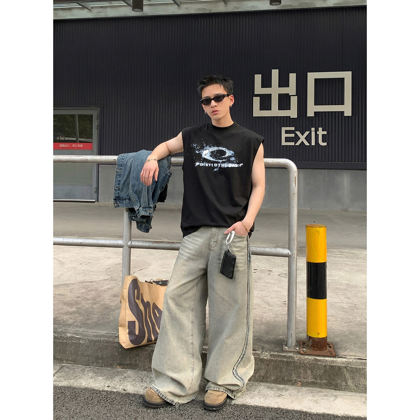 PLTH*韩系潮流圆领坎肩夏季沙滩运动健身背心男宽松无袖T恤上衣潮