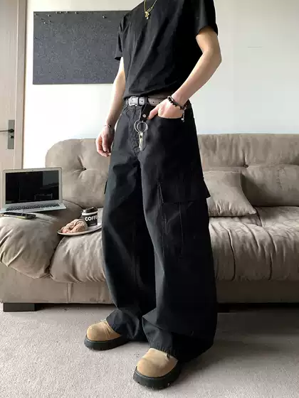 Plth* Korean Retro Loose Casual Straight-Leg Multi-Pocket Canvas Drape Wide-Leg Cleanfit Men's Cargo Pants