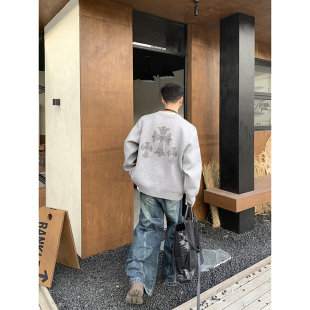 PLTH*美式复古十字架保暖开衫男秋冬钉珠宽松长袖加厚毛衣