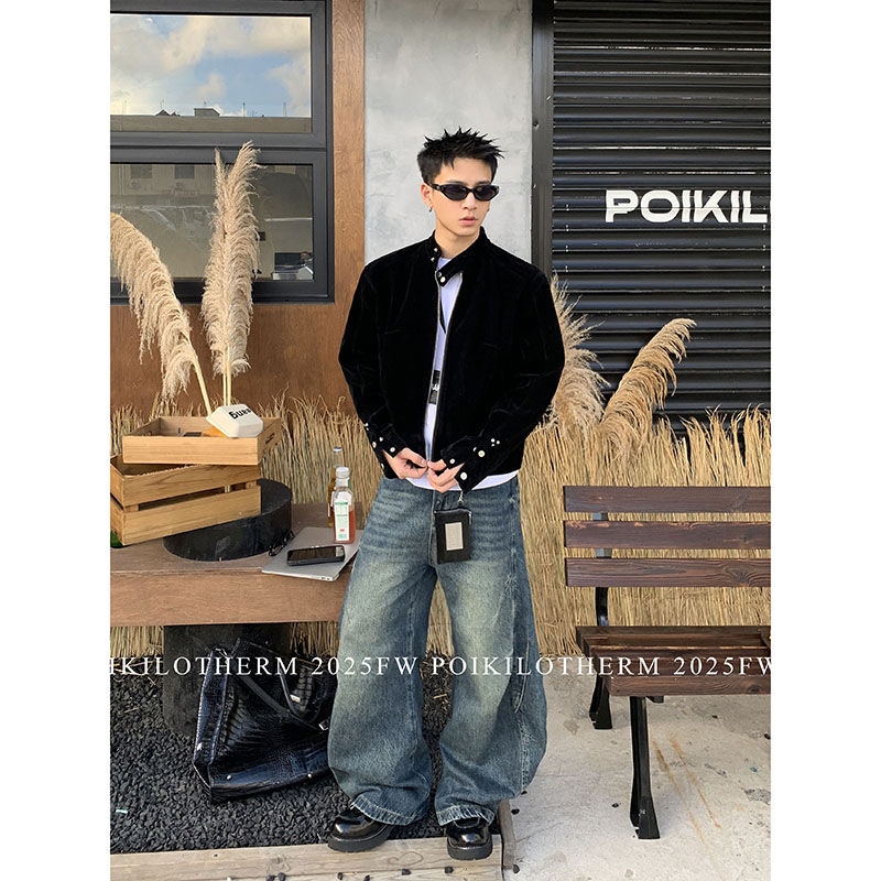 PLTH*美式复古摩登街头绒皮工艺立领夹克男cleanfit短款上衣外套