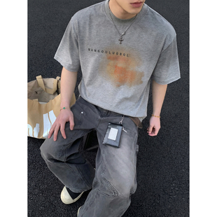 潮 复古宽松短袖 PLTH 磨破做旧360g重磅水洗晕染字母印花T恤男美式