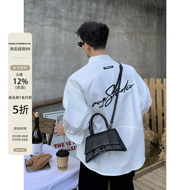 PLTH*美式简约后背刺绣字母男士休闲长袖衬衫春秋季cleanfit衬衣
