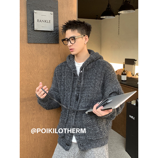 PLTH*韩系软糯宽松高级感扭花针织连帽毛衣男秋冬加厚慵懒风外套