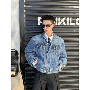 高级感百搭翻领早秋上衣潮 重磅蓝色水洗牛仔外套男秋季 PLTH 美式