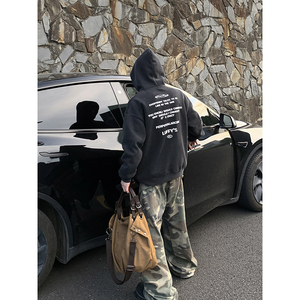 PLTH*美式复古后背字母印花重磅男潮牌宽松秋冬街头潮牌连帽卫衣