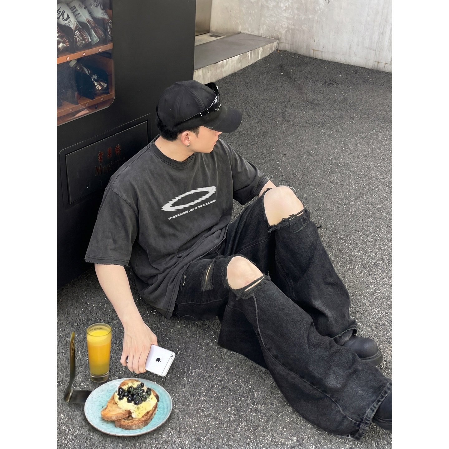 PLTH*美式高街潮牌圆环印花短袖T恤男夏季宽松显瘦百搭痞帅风上衣图片