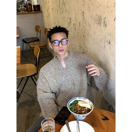 PLTH*冬季复古保暖V领纯色慵懒针织衫男休闲套头外套秋季显瘦毛衣