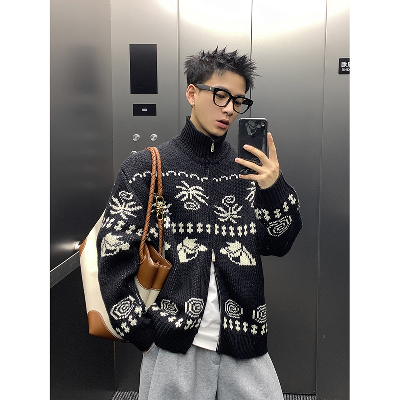 PLTH*复古费尔岛慵懒风双拉链针织羊毛衫男女秋冬百搭设计感开衫