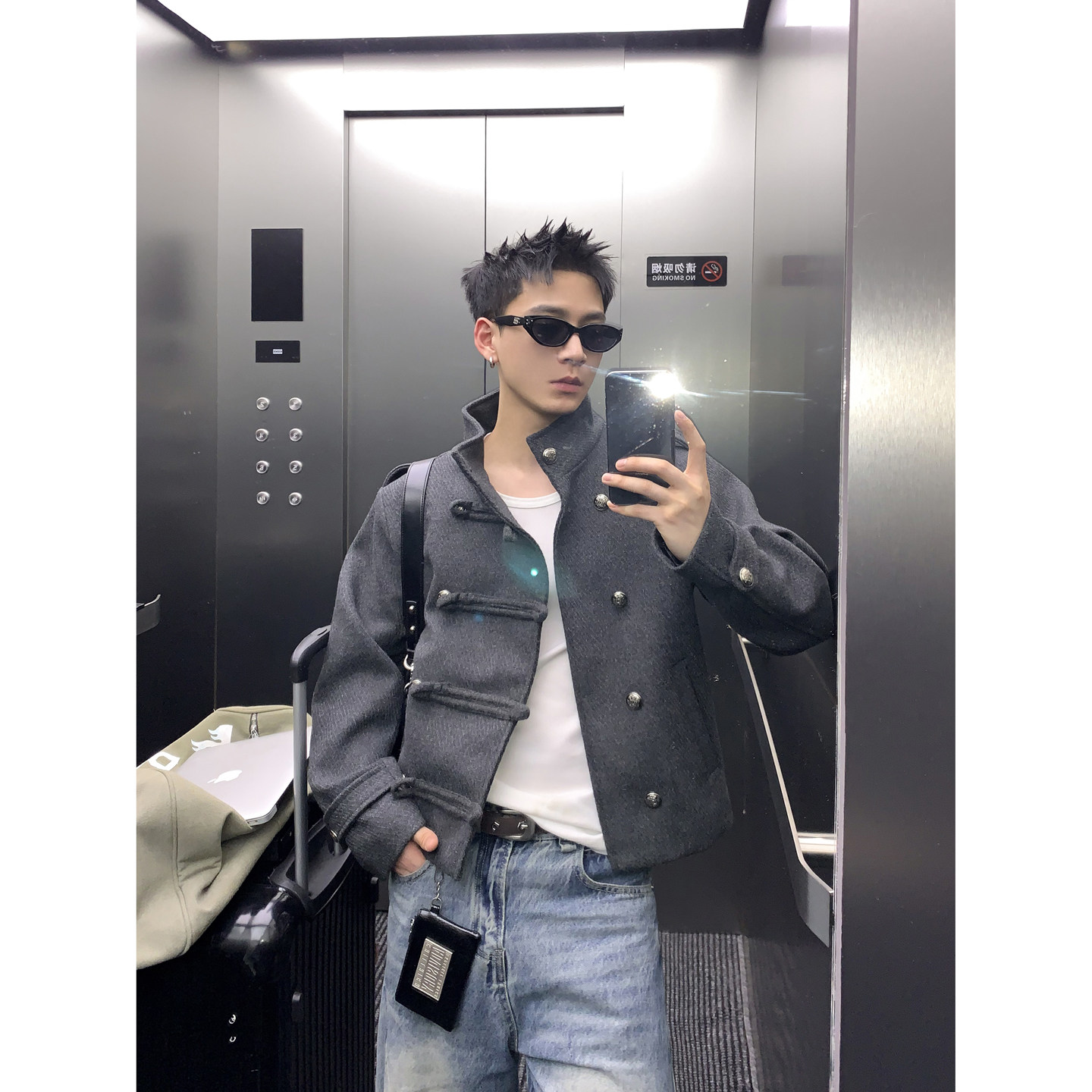 PLTH复古拿破仑风短款风衣男立领肩章双排扣小众设计秋季毛呢上衣