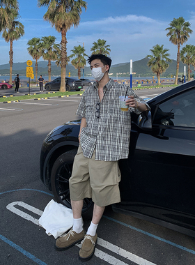 PLTH*美式复古夏季薄款泡泡布翻领短袖衬衫海边度假休闲格子上衣