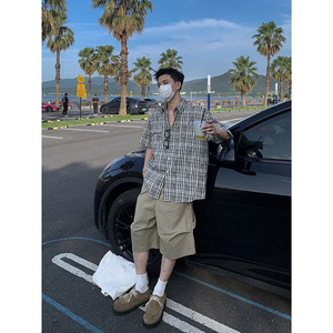 PLTH*美式复古夏季薄款泡泡布翻领短袖衬衫海边度假休闲格子上衣