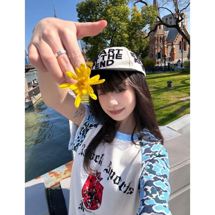 t恤女设计感宽松休闲上衣 潮牌华夫格迷彩蓝插肩短袖 大码 胖mm美式