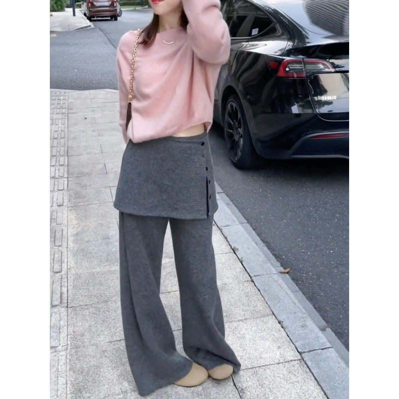 大码美式屁帘假两件微喇裤女加绒