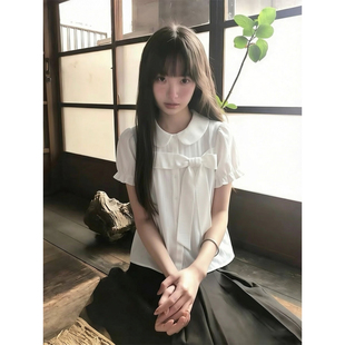 韩系ins甜美蝴蝶结系带短袖衬衫女夏季娃娃领宽松百搭学院风上衣