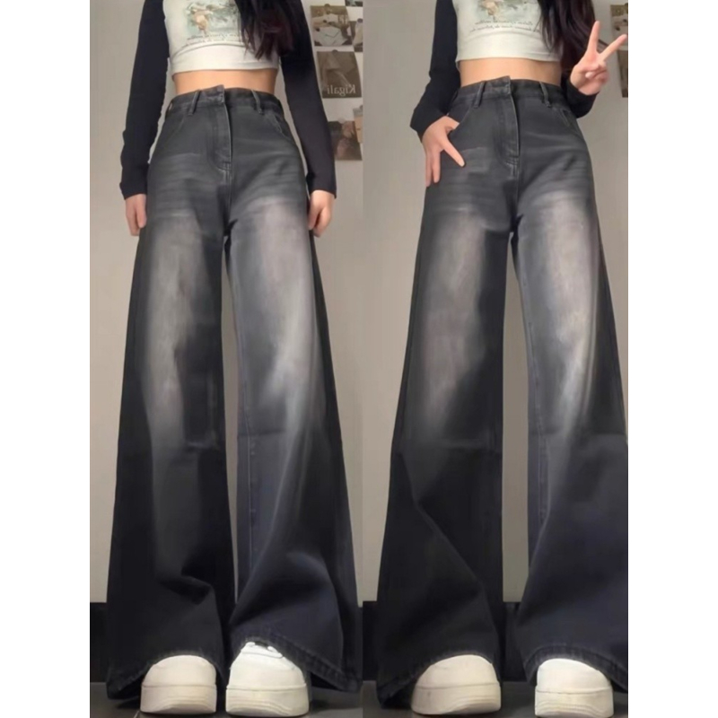 大码黑灰色加绒高腰直筒牛仔裤女