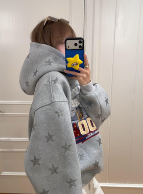 大码美式复古星星满印连帽卫衣女