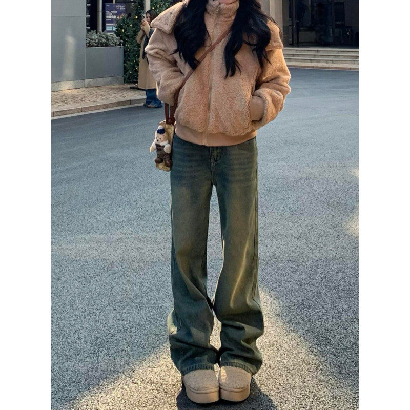 大码胖mm美式复古水洗做旧加绒牛仔裤女秋冬宽松慵懒风加厚阔腿裤,女装/女士精品,大码裤装,淘宝优惠券,粉丝福利购,淘宝优惠卷