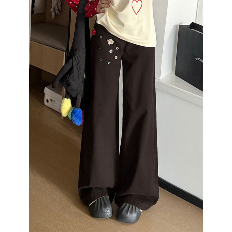 大码美式复古花朵纽扣咖色牛仔裤