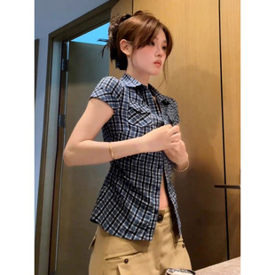 女夏季 大码 衬衫 复古格子正肩短袖 设计感收腰显瘦百搭上衣 胖mm美式