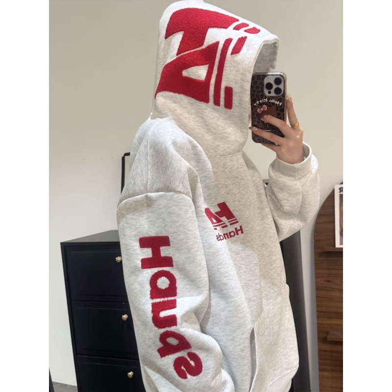 大码美式复古字母毛巾绣连帽卫衣