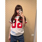 t恤女夏季 复古撞色印花正肩短袖 设计感休闲运动上衣 胖mm美式 大码