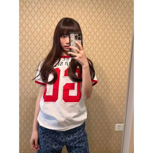 t恤女夏季 复古撞色印花正肩短袖 设计感休闲运动上衣 胖mm美式 大码