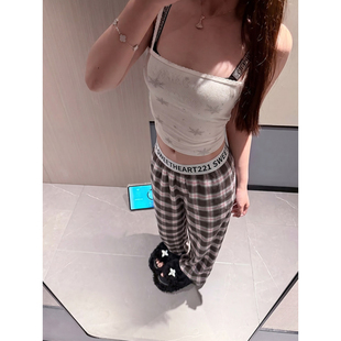 美式设计感复古休闲格纹字母直筒卫裤女夏季慵懒风显瘦百搭阔腿裤