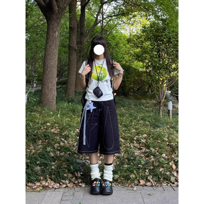 大码美式街头黑色明线牛仔短裤女