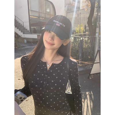 大码韩系亨利领碎花正肩长袖t恤