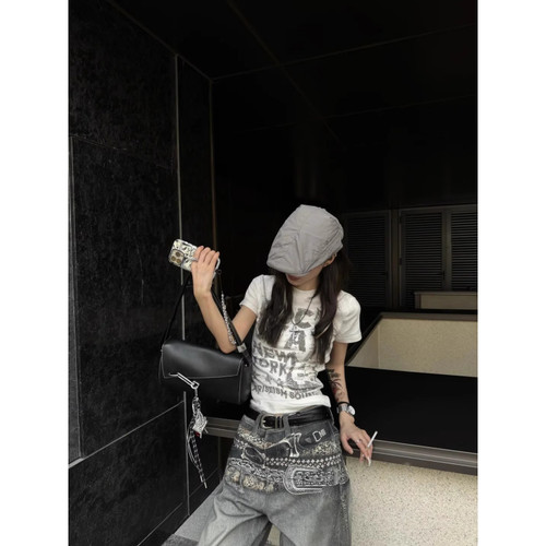 大码美式吉他印花正肩短袖t恤女