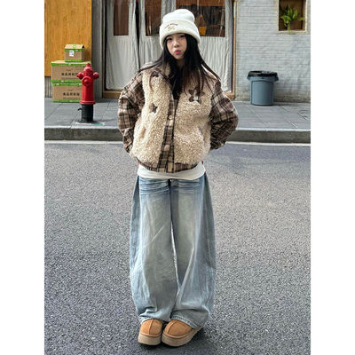 大码美式复古猫须痕弯刀牛仔裤女