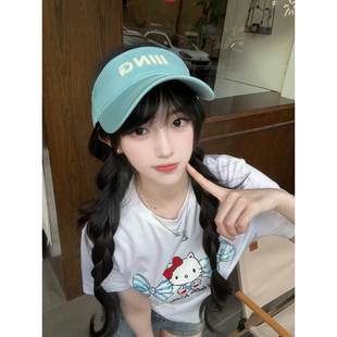 显瘦百搭上衣 大码 胖mm白色甜美kitty蝴蝶结印花短袖 t恤女夏季 修身