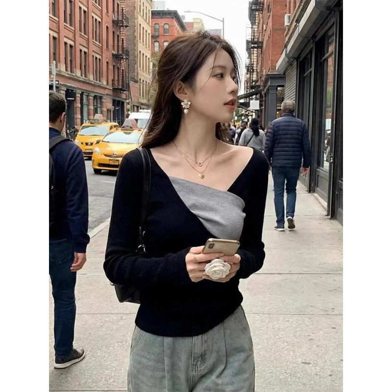 大码胖mm韩系不规则交叉V领长袖T恤女春季设计感修身显瘦打底上衣,女装/女士精品,大码内搭,淘宝优惠券,粉丝福利购,淘宝优惠卷