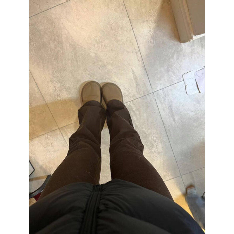 大码美式复古咖色高腰微喇牛仔裤