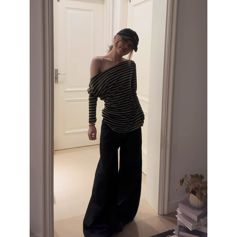 大码美式辣妹条纹斜肩长袖t恤女