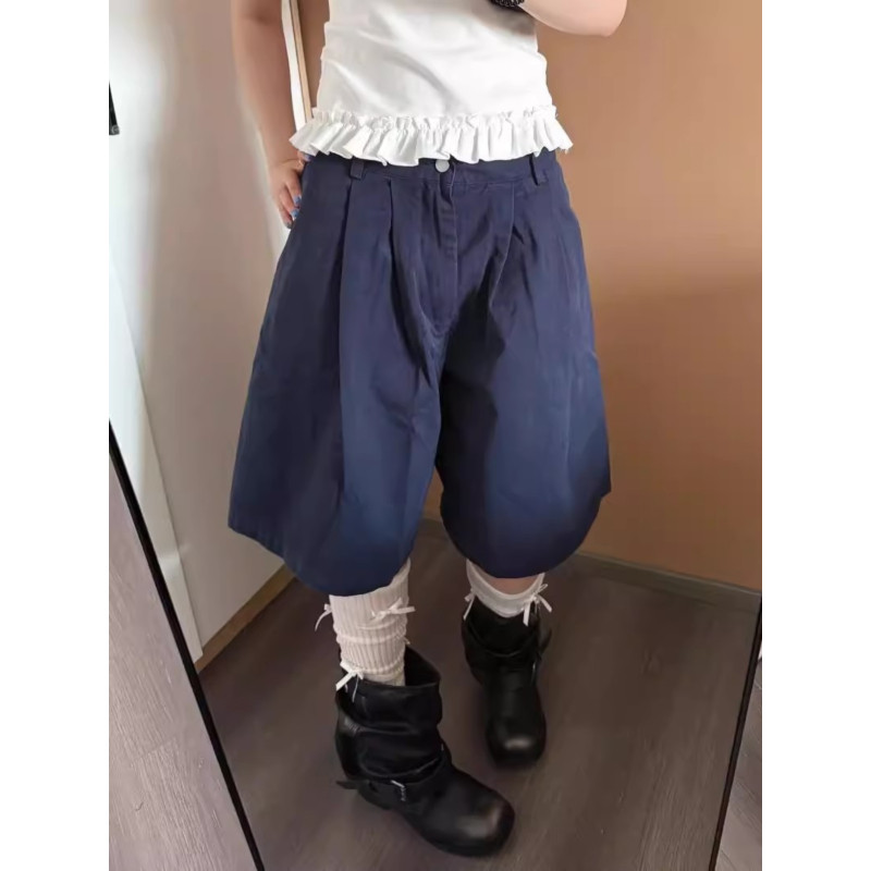 大码胖mm美式复古藏青色五分牛仔裤女夏季辣妹宽松压褶阔腿短裤子,女装/女士精品,大码裤装,淘宝优惠券,粉丝福利购,淘宝优惠卷