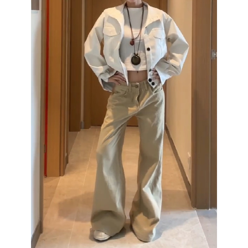 大码美式松弛感卡其色微喇牛仔裤