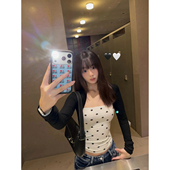 胖mm美式 辣妹波点拼接抹胸长袖 t恤女秋季 大码 修身 内搭假两件上衣