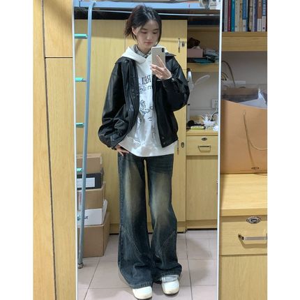 大码胖mm美式复古微喇叭牛仔裤女秋冬加绒加厚高腰显瘦窄版阔腿裤