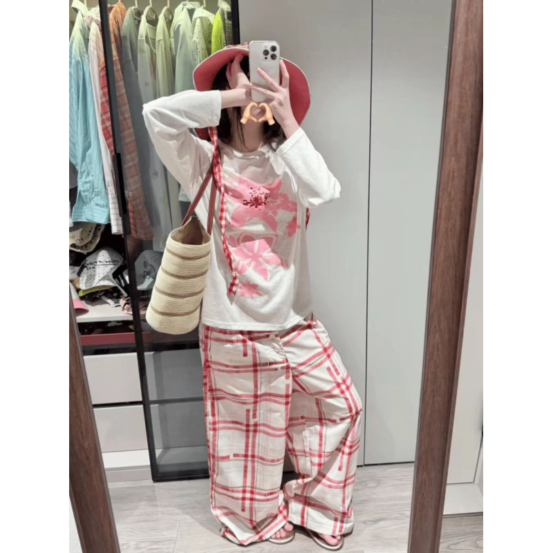 大码胖mm韩系红白格纹撞色阔腿裤