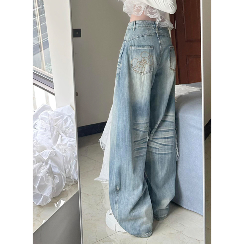 大码美式复古口袋刺绣直筒牛仔裤