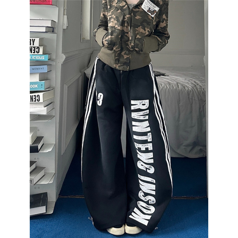 大码美式复古三条杠字母休闲卫裤