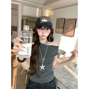 设计感短款 大码 T恤女夏季 胖mm美式 辣妹上衣 复古灰色条纹斜肩短袖
