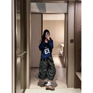 美式甜酷高街迷彩七分工装牛仔裤女夏季新款辣妹风宽松直筒阔腿裤