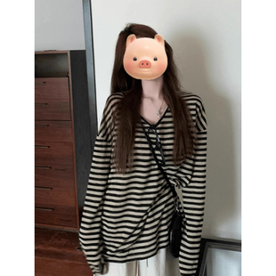 宽松休闲松弛感上衣 大码 胖mm美式 复古撞色条纹防晒罩衫 t恤女夏季